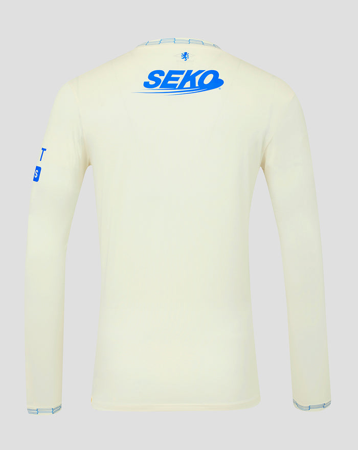 Back view of off white Rangers away shirt with large blue SEKO logo across upper back and small crest at neckline.