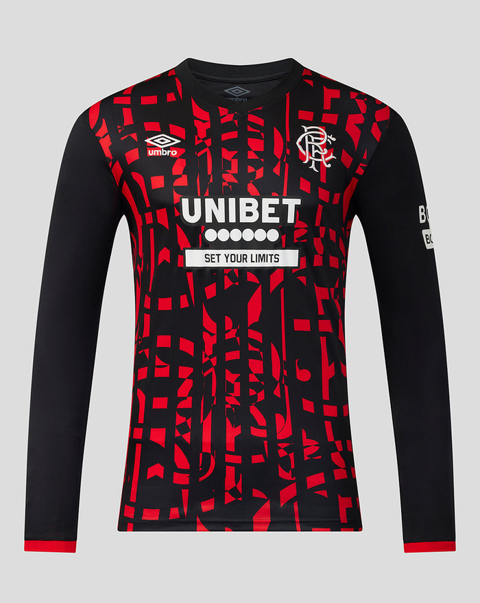 Rangers FC 2026/27 third long sleeve shirt in black with red abstract pattern and crest