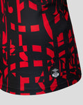 Front close-up of Rangers mens third shirt with black base red pattern and BOXT BOILERS sponsor