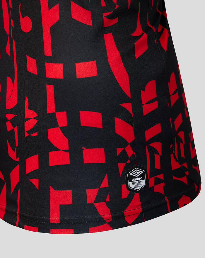 Front close-up of Rangers mens third shirt with black base red pattern and BOXT BOILERS sponsor