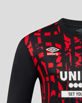 Front view of Rangers third long sleeve shirt featuring red abstract graphic pattern and Umbro logo on the chest.
