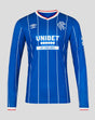 Front view of blue Rangers men's home pro long sleeve shirt with pinstripes and Unibet sponsor