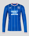 Front view of blue Rangers men's home pro long sleeve shirt with pinstripes and Unibet sponsor