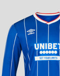 Close-up of royal blue Rangers home long sleeve jersey with white pinstripes, Umbro logo and UNIBET sponsor.