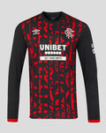 Front view of Rangers mens 2026/27 third pro long sleeve shirt in navy with red geometric pattern crest and sponsor logos.