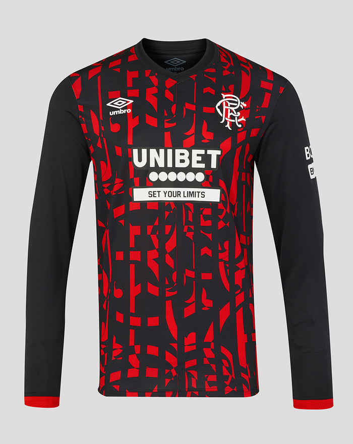 Front view of Rangers mens 2026/27 third pro long sleeve shirt in navy with red geometric pattern crest and sponsor logos.