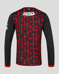 Back view of Rangers third pro long sleeve shirt in black with red abstract pattern and a large white SEKO logo across the upper back.