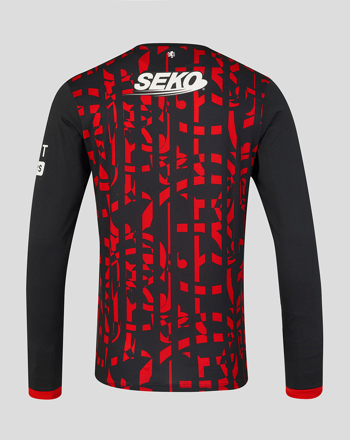 Back view of Rangers third pro long sleeve shirt in black with red abstract pattern and a large white SEKO logo across the upper back.