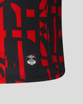 Close up of Rangers third shirt sleeve with red graphic pattern and Umbro official badge.