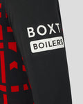 Close up of Rangers third shirt sleeve with BOXT BOILERS sponsor on black fabric and red graphic pattern.