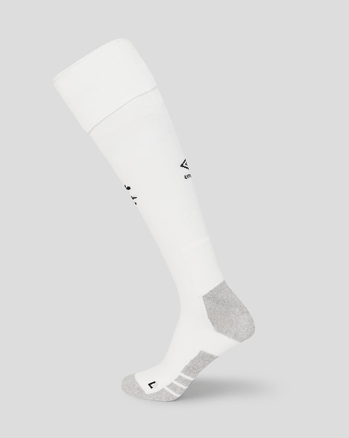 Rangers FC home goalkeeper sock in white with grey heel and toe, angled view.