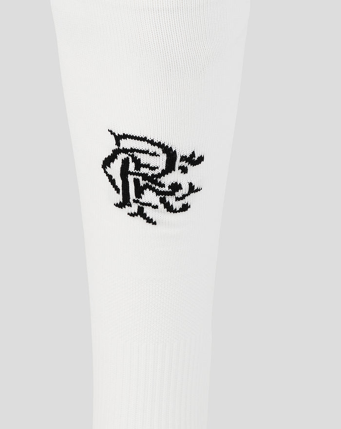 Close-up on a white Rangers junior home goalkeeper sock displaying an Umbro logo