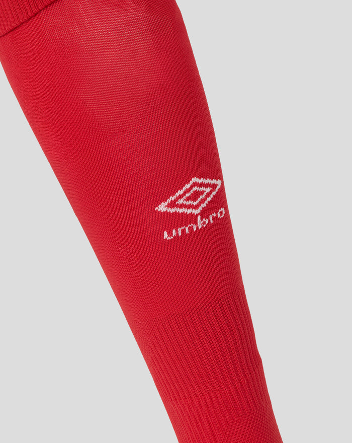 Close-up of a red Rangers away goalkeeper sock with a ribbed cuff and Rangers club text knitted into the fabric.