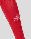 Close-up of red sock showing white knitted Rangers club text near the ribbed cuff.
