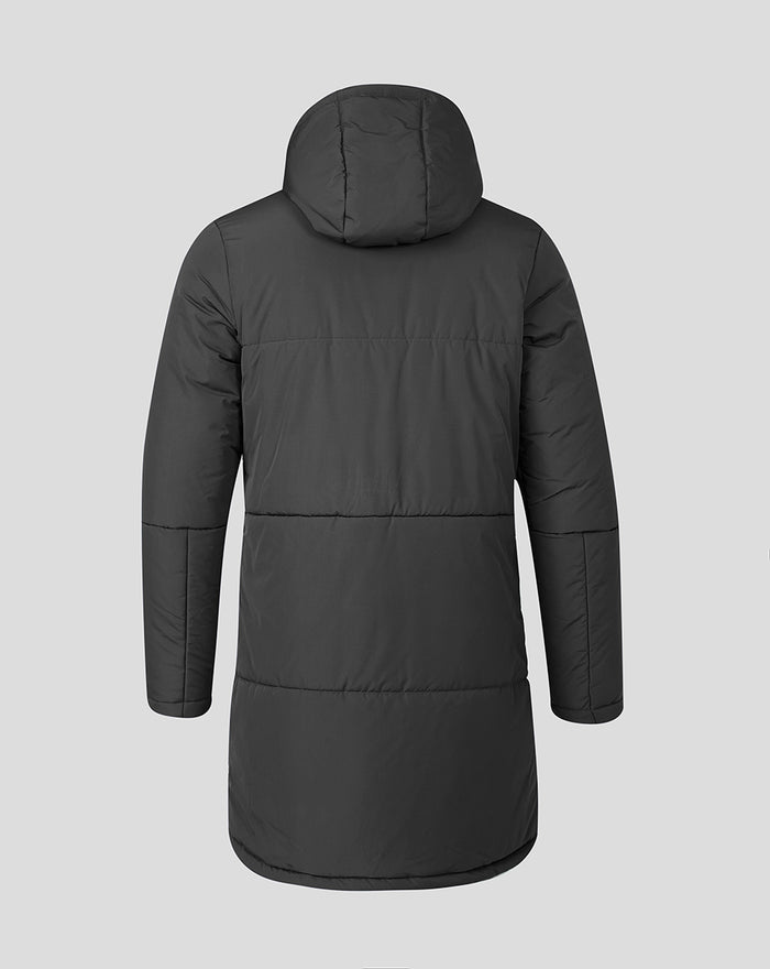 Back view of navy Rangers FC unisex padded training jacket with hood