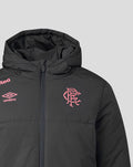 Front view of navy Rangers FC training padded jacket with coral club crest on chest and Umbro branding near the zipper