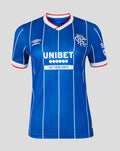 Front view of royal blue Rangers women's home shirt with white pinstripes, crest, Umbro logo and UNIBET sponsor.