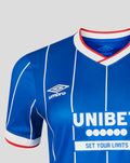 Close-up of the V-neck collar on the blue Rangers women's home shirt showing white and red trim and Umbro logo.