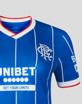 Rangers womens home shirt front in royal blue with white pinstripes UNIBET sponsor crest and Umbro logo.