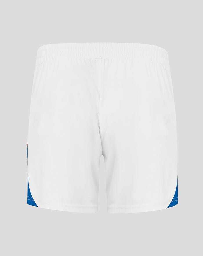 White Rangers FC women's home shorts with elastic waistband and blue side panels.
