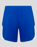 Rear view of blue Rangers women's home shorts with white side panels and red trim