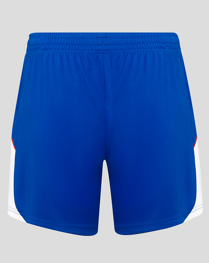 Rear view of blue Rangers women's home shorts with white side panels and red trim