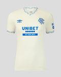 Off-white Rangers womens away shirt with blue UNIBET sponsor and crest on the chest