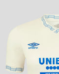Close-up of off-white Rangers women's away shirt with blue detailing, featuring the blue Umbro logo and a patterned ribbed collar