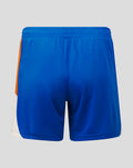 Rangers FC womens away shorts back view in royal blue with an orange side stripe and white hem panel.