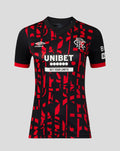 Front view of Rangers womens 2026/27 third shirt featuring red geometric pattern on black fabric and UNIBET sponsor