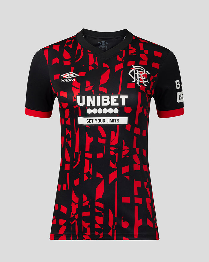 Front view of Rangers womens 2026/27 third shirt featuring red geometric pattern on black fabric and UNIBET sponsor