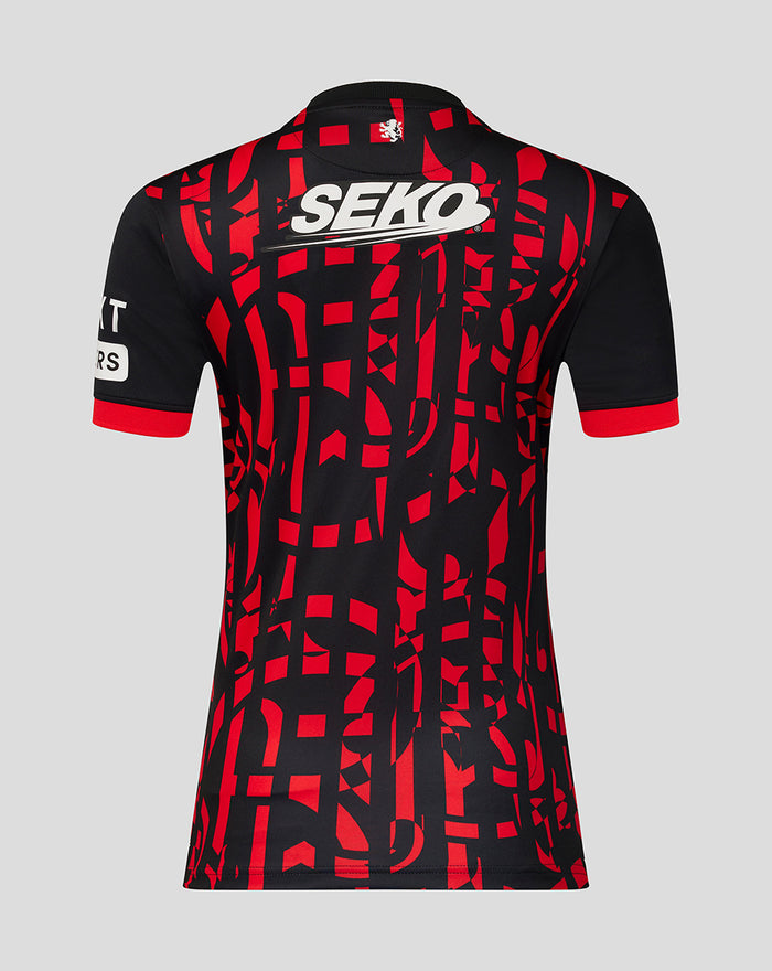 Back view of Rangers women's 2026/27 third shirt with red geometric print and SEKO logo across the upper back.