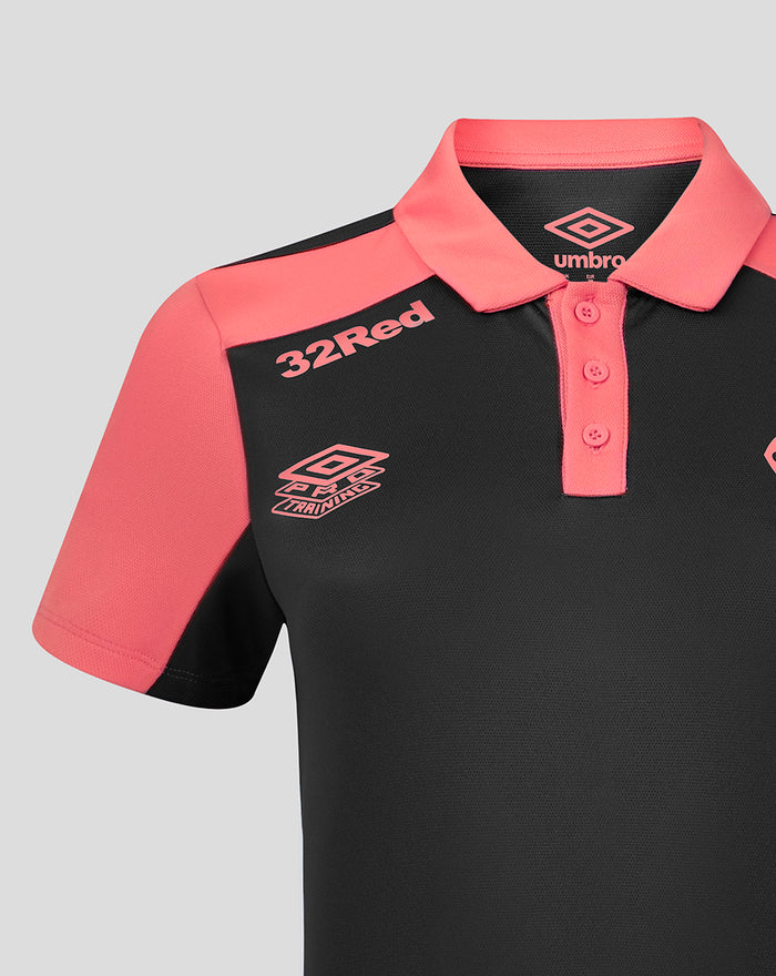 Rangers FC Pro Training Polo navy body with coral collar and placket, featuring 32Red branding and club crest