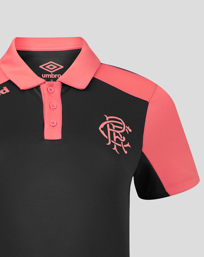 Rangers FC training polo in navy with coral sleeves and placket, crest on chest and 32Red branding on shoulder
