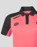Shoulder close up showing coral body and black sleeve color blocking on the Rangers FC training polo.