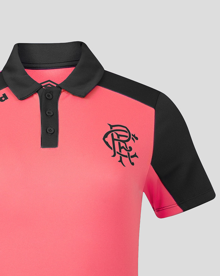 Rangers FC pro training polo in coral with navy sleeves and collar, crest on the chest