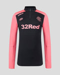 Front view of Rangers FC womens training quarter zip with black body coral sleeves and 32Red sponsor