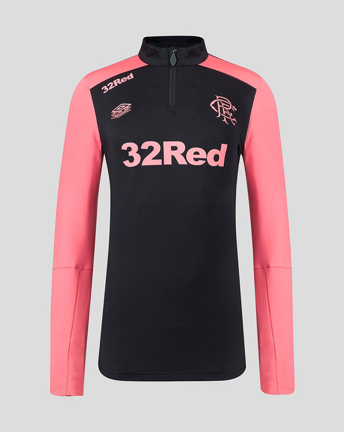 Front view of Rangers FC womens training quarter zip with black body coral sleeves and 32Red sponsor