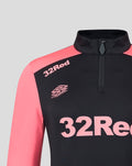 Close-up of the chest on a black Rangers training top with a short zipper featuring the 32Red logo and crest and coral sleeves