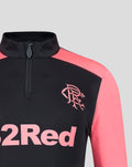 Front upper chest close-up showing crest and large 32Red lettering on a black Rangers training top with coral sleeves