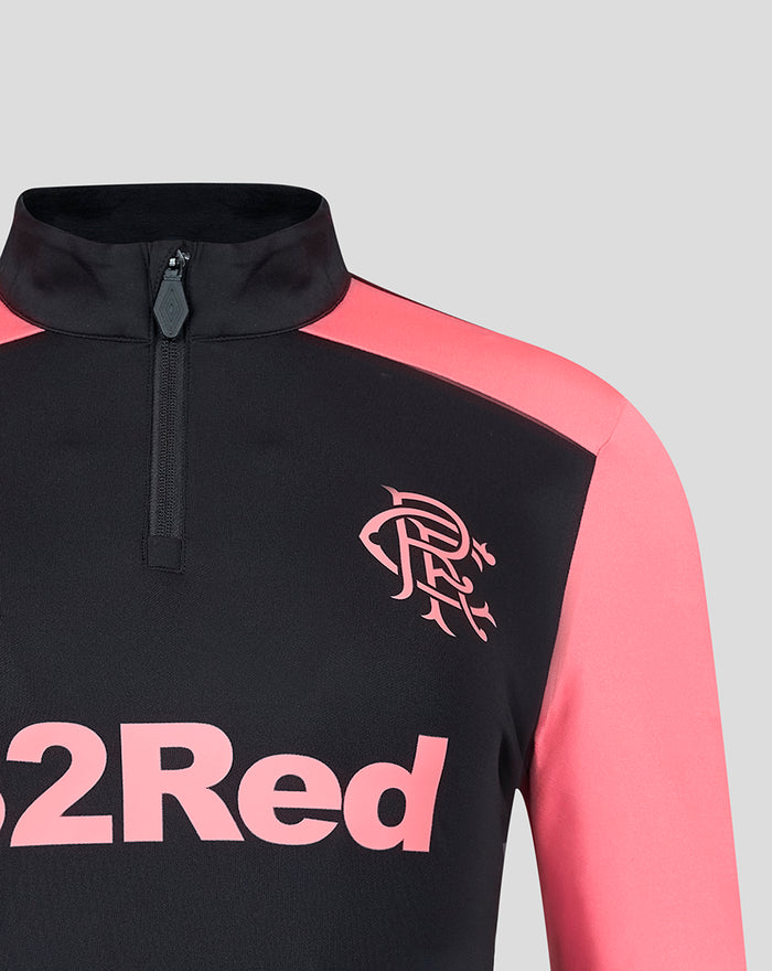 Front upper chest close-up showing crest and large 32Red lettering on a black Rangers training top with coral sleeves