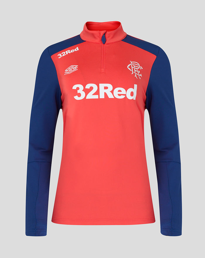 Front view of Rangers FC womens Pro Training quarter zip top in cayenne red with navy sleeves.