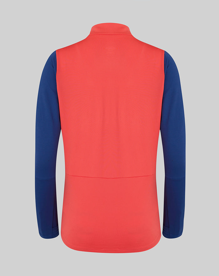 Back view of Rangers FC womens Pro Training Quarter Zip in cayenne red with navy sleeves