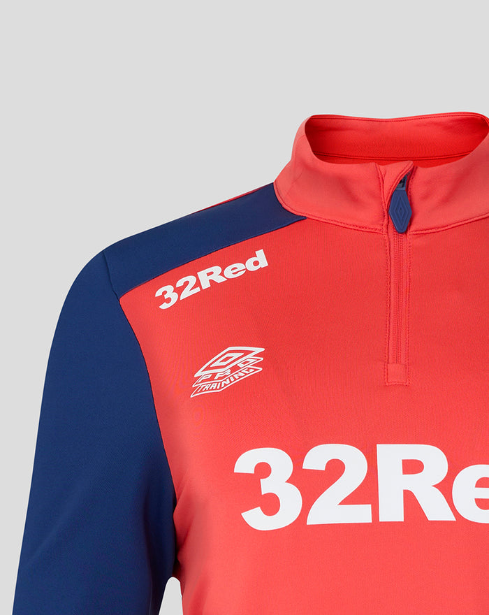 Rangers FC womens Pro Training Quarter Zip cayenne red with blue shoulder panels and 32Red logo on the chest