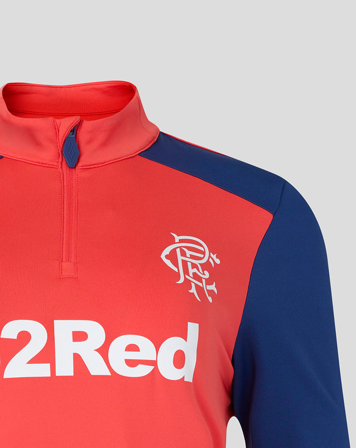 Rangers FC womens Pro Training Quarter Zip cayenne red with white 32Red logo and crest on the chest