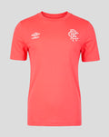 Front view of calypso coral Rangers FC women's 2026/27 presentation T-shirt with white Umbro logo and club crest.