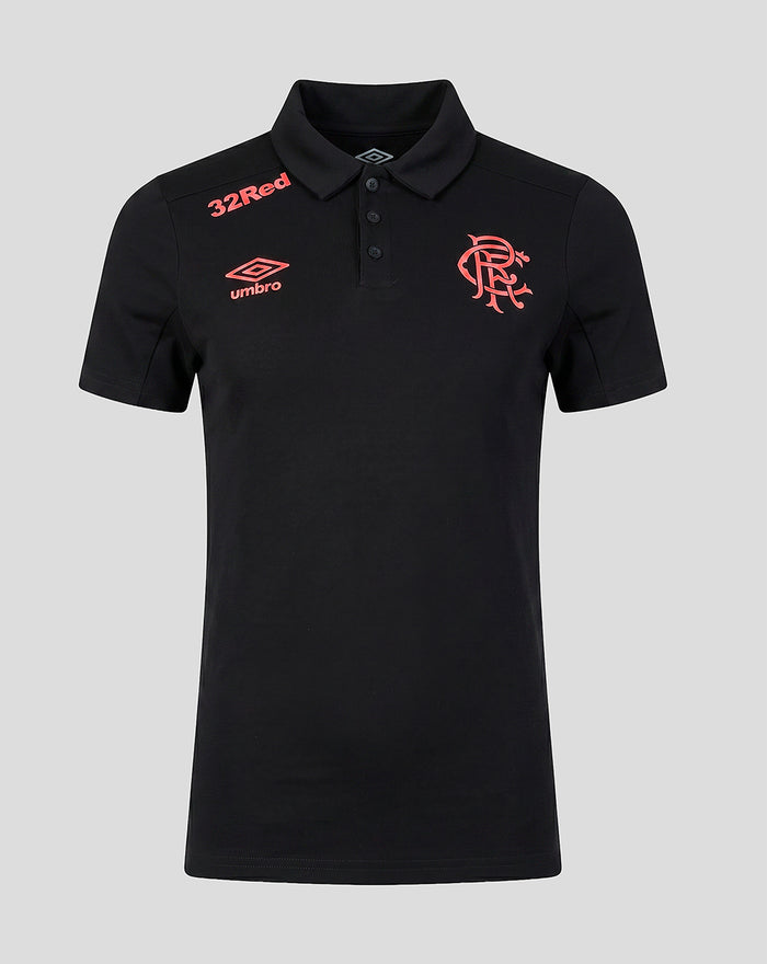 Rangers presentation polo in black with coral crest, Umbro logo and 32Red branding.