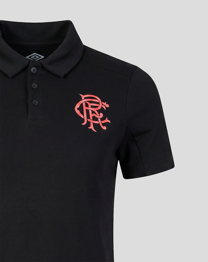 Front view of black Rangers FC polo with pink crest on the chest and pink sponsor logos on the upper chest