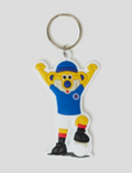 BROXI keyring featuring a blue bear mascot with raised arms.