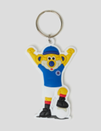 BROXI keyring featuring a blue bear mascot with raised arms.